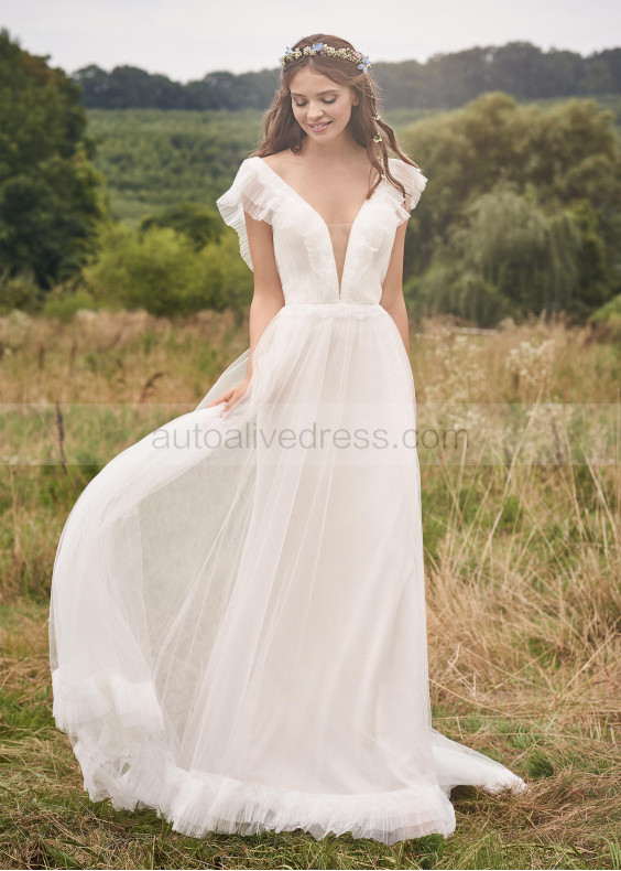 Tiered Flutter Sleeve Ivory Tulle V Back Wedding Dress